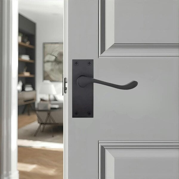 EDH Door Hardware Matt Black Victorian Scroll Door Handles on Backplate – Handle Only or Handle + Tubular Latch – 150mm x 42mm