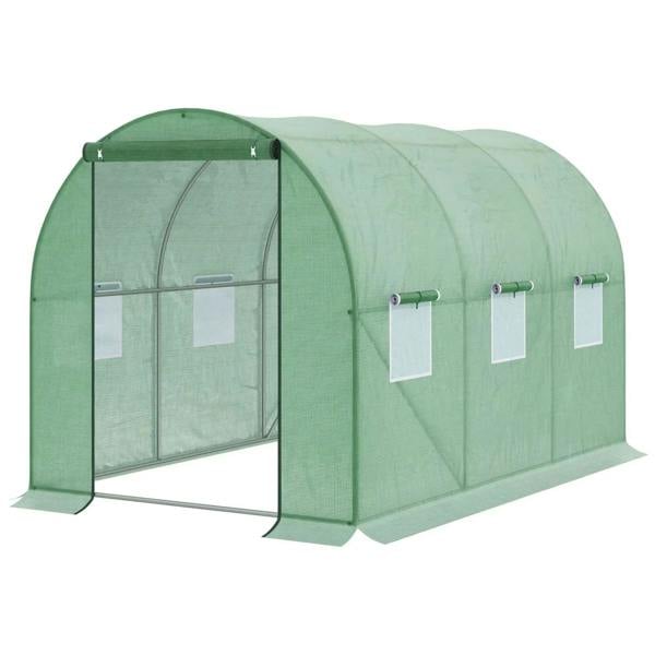 Green walk-in greenhouse tent with zipped roll-up door and mesh windows, open front view