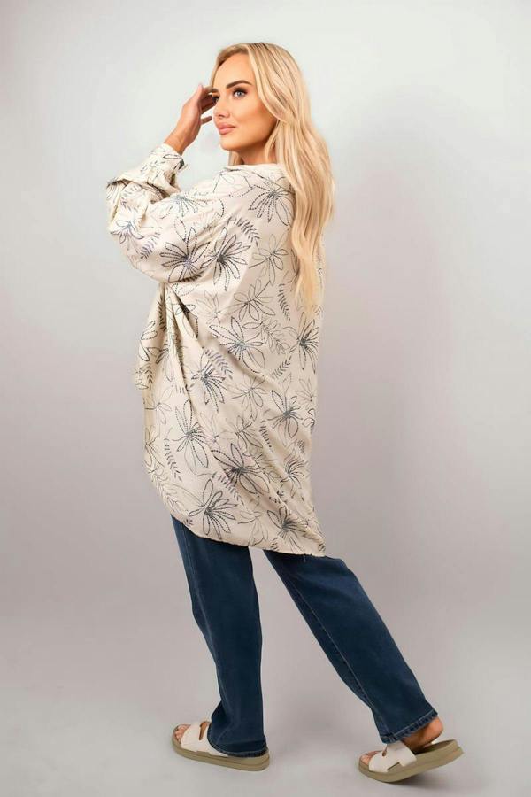 Erin Floral Print Oversized Long Sleeve Button Down Top - Beige