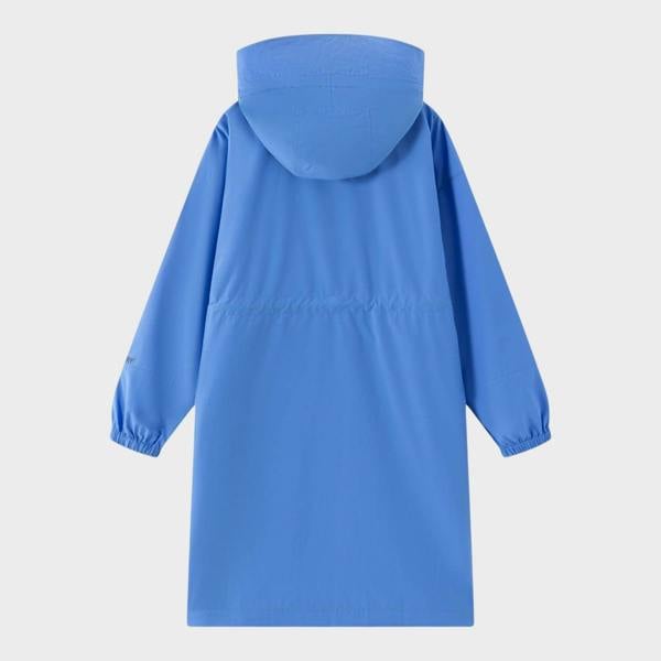 Supplied Fashion Birley long blue hooded jacket with a drawstring waist and elasticated cuffs, back view.
