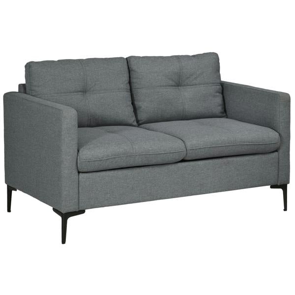 Dark grey two-seater sofa with tufted back cushions, padded seat, and square arms
