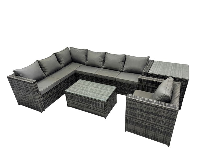 Fimous Outdoor Rattan Rectangular Coffee Table Corner Sofa Sets Garden Furniture Set with Side Table Dark Grey Mixed