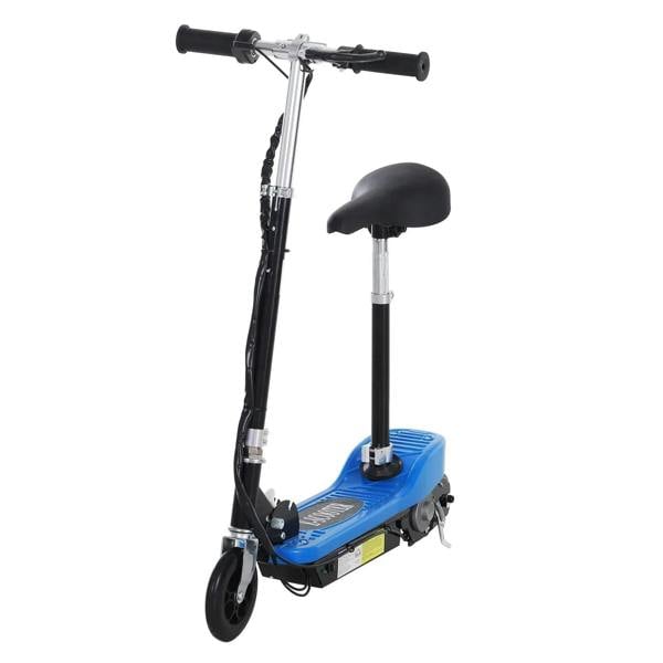 Blue electric kids scooter with handlebar and black seat