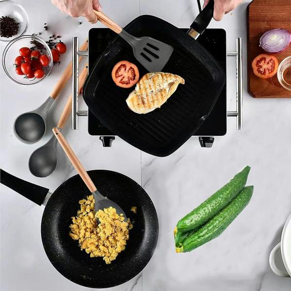 Dragodirect Premium 12-Piece Silicone Cooking Utensils with Durable Wooden Handles