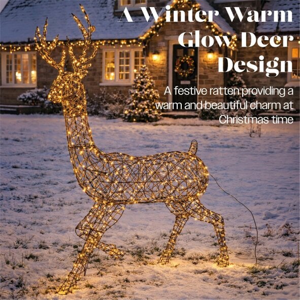 Scotts of Stow Xmas Haus Warm White LED Metal Deer with Brown Plastic Rattan Outdoor with Timer