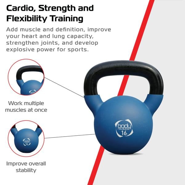 Body Revolution 16kg neoprene kettlebell in blue with a black handle, designed for strength training and improving overall stability