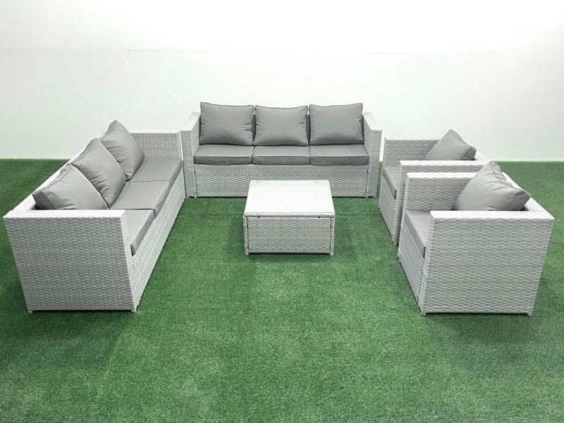 Fimous Outdoor Rattan Sofa Garden Furniture Set with 2 Armchairs Square Coffee Table Light Grey Mixed