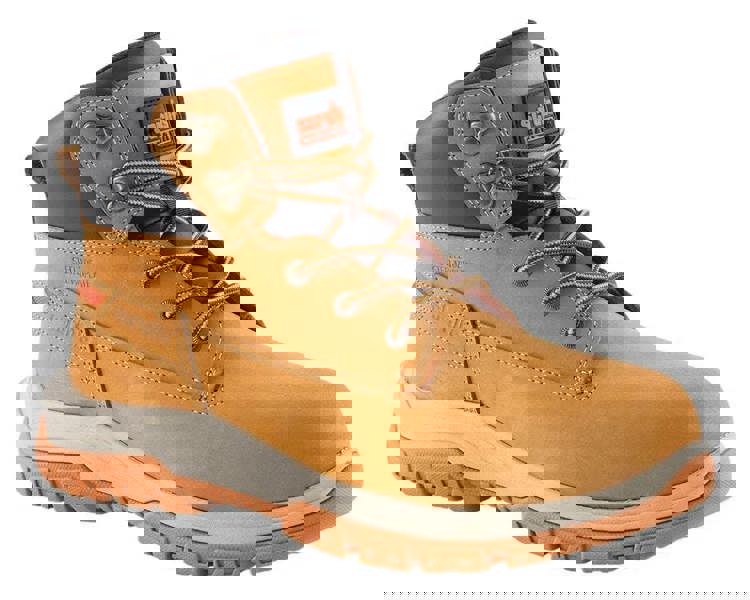 Scruffs Ridge Mens SBP Safety Steel Toe Midsole Work Ankle Boots, yellow leather safety boots with steel toe protection, midsole reinforcement, and rugged slip-resistant outsole.