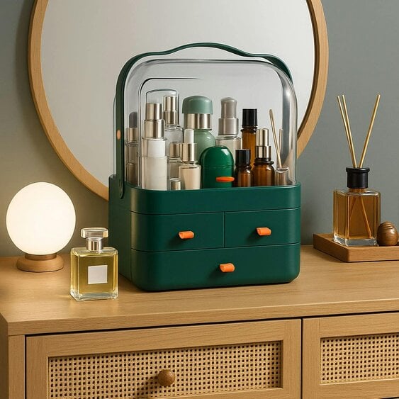 Neo Green Acrylic Makeup Storage Organiser with Lid & Drawers