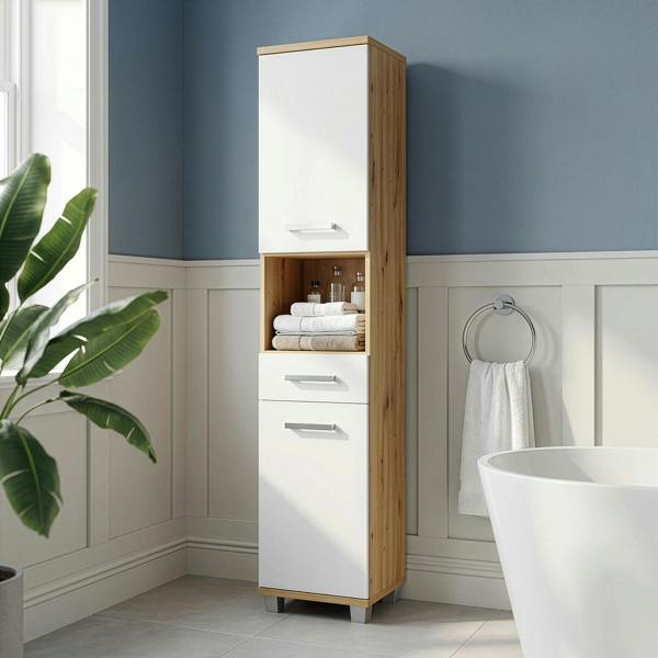 Furniture To Go Veris Tall Narrow Bathroom Cupboard with 2 Doors & 1 Drawer in Artisan Oak andLight Grey