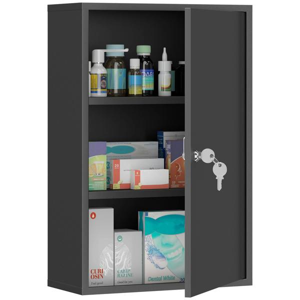 kleankin 3-Tier Steel Wall Mount Medicine Cabinet with 2 Keys, Black