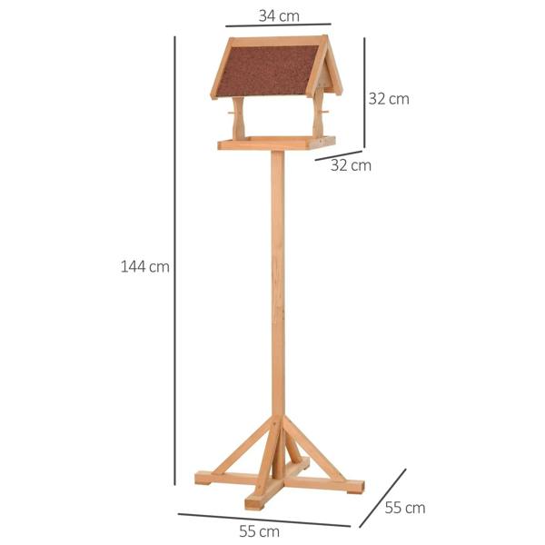 Wooden bird feeding station stand with slanted roof and cross-shaped base, 144 cm tall