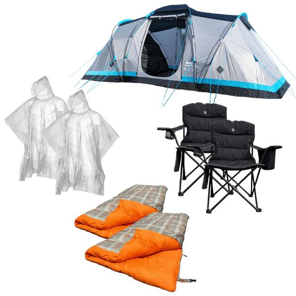 The OLPRO Stafford Festival Bundle includes the Stafford 4.0 Tent, 2x Henwick Folding Chairs, 2x Hush Pattern Sleeping Bag and 2x Ponchos