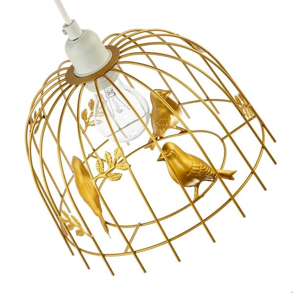 Chic Birdcage Pendant Shade in Satin Gold Metal with Birds and Leaves Image 3