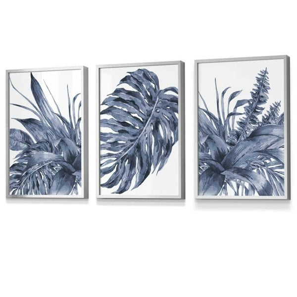 Tropical Leaves Navy Blue Abstract Set of 3 Framed | Artze Wall Art UK