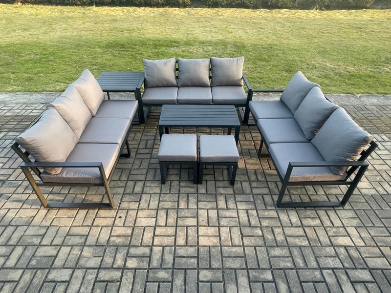 Fimous Aluminium 11 Seater Outdoor Garden Furniture Set Lounge Sofa Oblong Coffee Table 2 Small Footstools Side Table Sets with Cushions Dark Grey