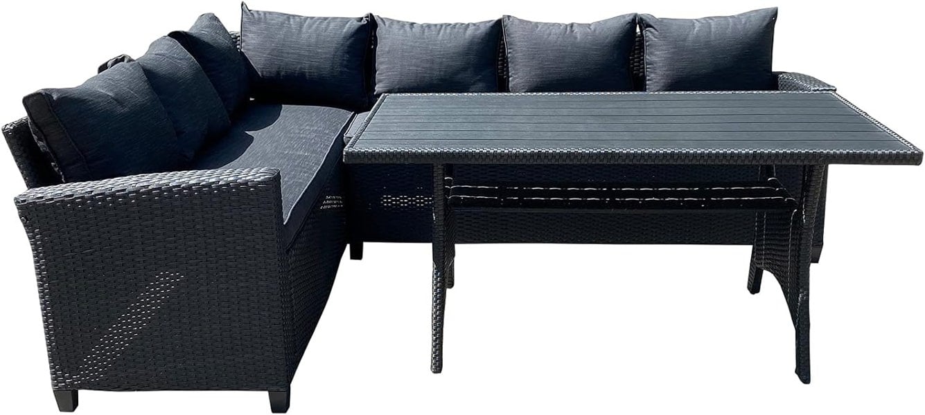 Furniture One Rattan Weatherproof Garden 5 Seater Corner Sofa Lounge Set with Dining Table