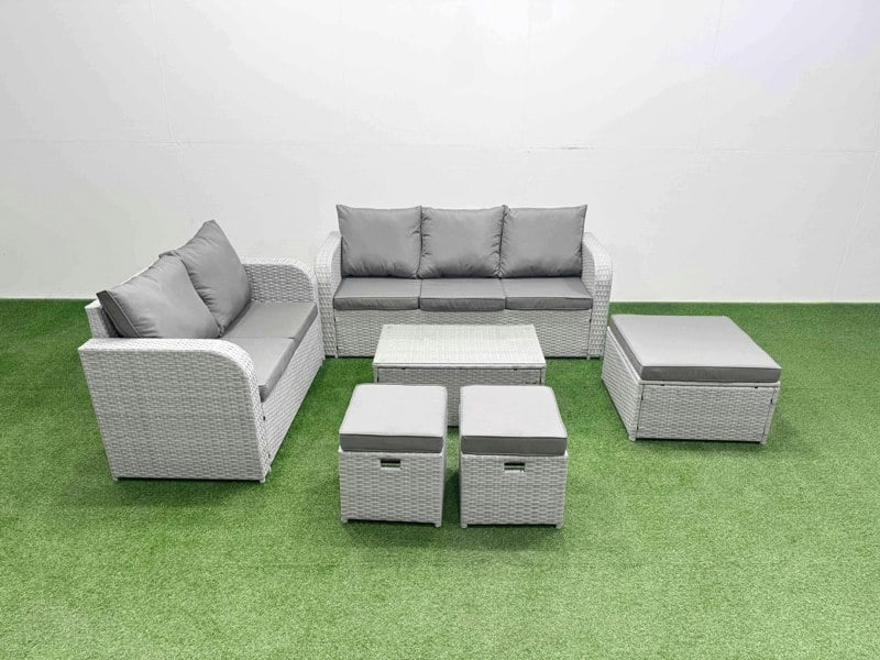 Fimous 8 Seater PE Rattan Wicker Garden Furniture Patio Conservatory Sofa Set with Rectangular Coffee Table 3 Seater Sofa Love Sofa 3 Stool