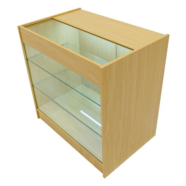 Polaris LED shop counter set in maple finish, featuring a glass display top, sleek design, and illuminated interior shelves