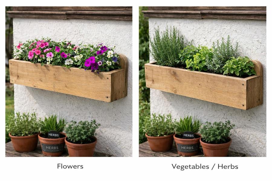 Wall mounted wooden garden trough planted with flowers compared to herbs