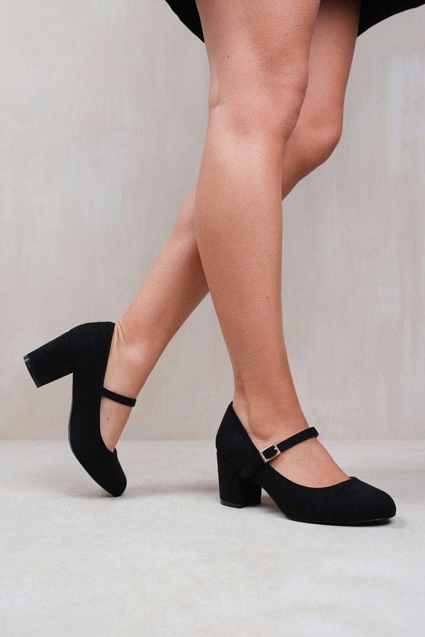 Where's That From Araceli Wide Fit Block Heel Mary Jane Pumps in Black Suede