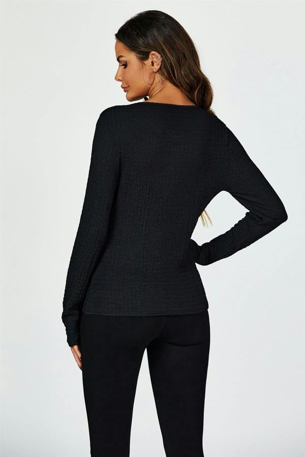 FS Collection Button Down Ruched Stretch Long Sleeves Top In Black