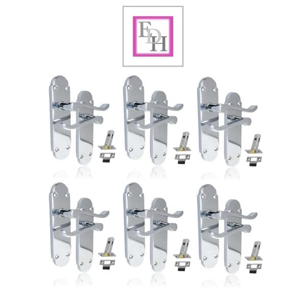 EDH Door Hardware Polished Chrome Victorian Scroll Door Handles on Shaped Backplate – 170mm x 40mm + Tubular Latch 6 Pairs