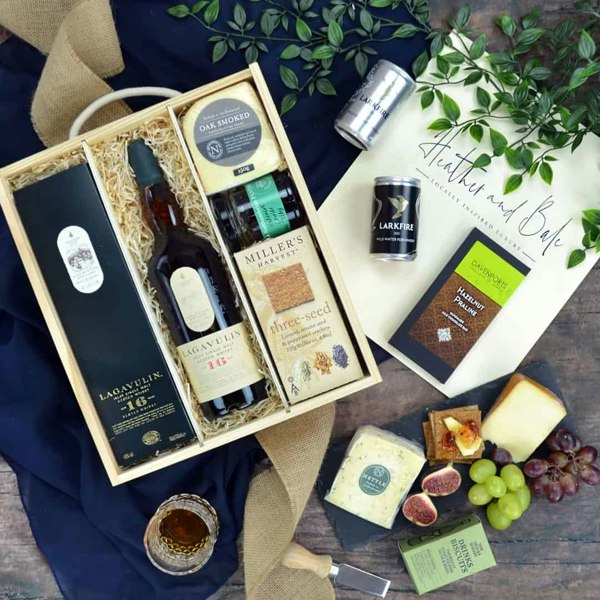 The Islay Whisky Hamper featuring Lagavulin 16 year old Scotch Whisky. A Lagavulin Whisky Gift for lovers of smoky whisky