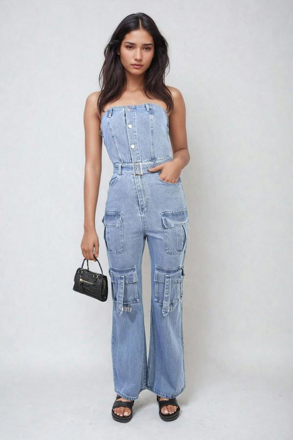 Giselle Multi Pockets Strapless Cargo Jumpsuit - Blue