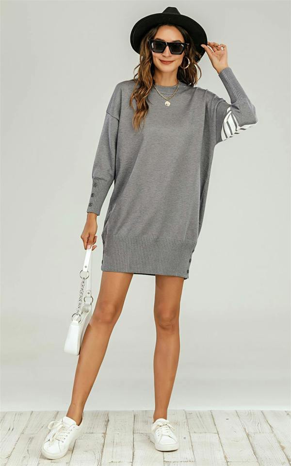 FS Collection Knitted Tunic Jumper Dress With White Stripe In Grey