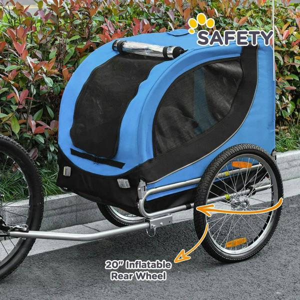 Blue pet bike trailer with red safety flag, large rear inflatable wheel