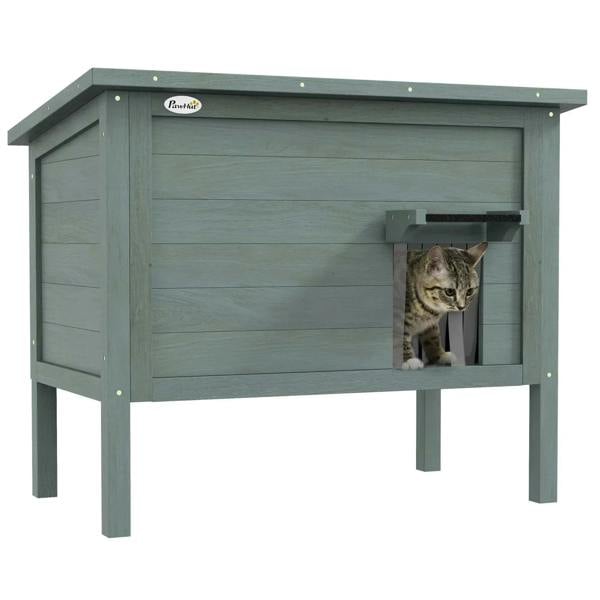 Charcoal gray insulated wooden feral cat house with open front entrance and side flap