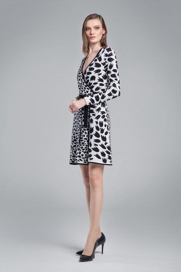 Savannah jacquard-knit monochrome wrap dress with animal pattern