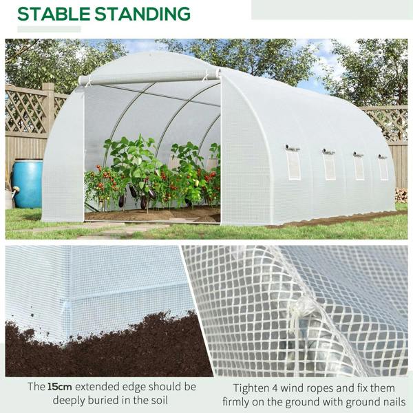 White polytunnel greenhouse tent with front door and reinforced base for stability