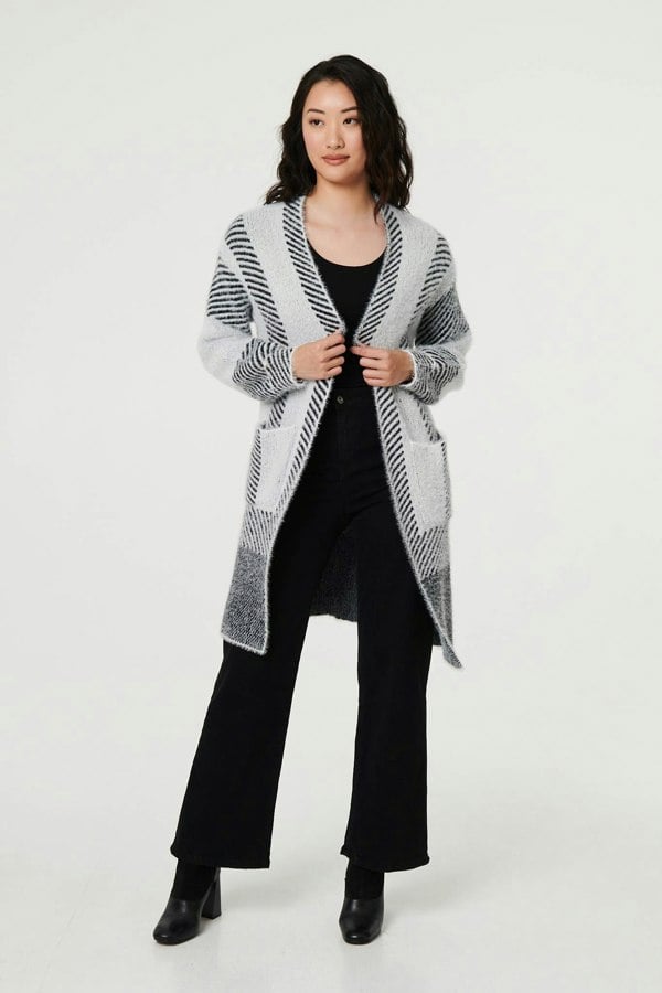 White | Striped Longline Relaxed Cardigan