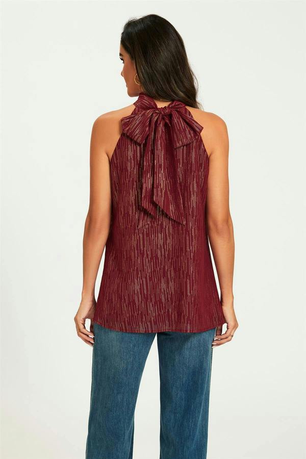 FS Collection Gold Stripe Foil Halter Neck Tie Back Top In Wine