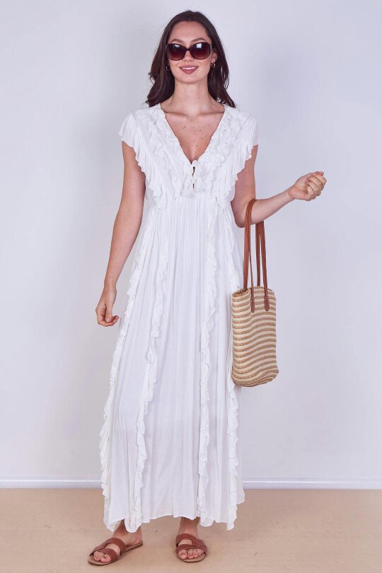 Elaina Fashion Boho Ruffle Detail Maxi Dress with Tie Neck – One Size (UK 8–14)