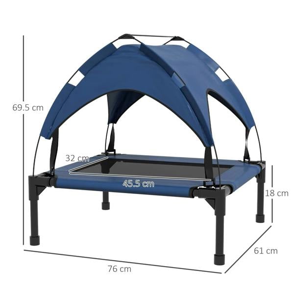 Dark blue raised pet bed with black legs, arched canopy, and breathable mesh sides