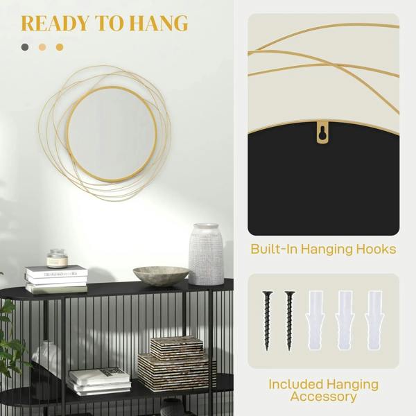 Gold tone round metal wire wall mirror with built-in hanging hooks