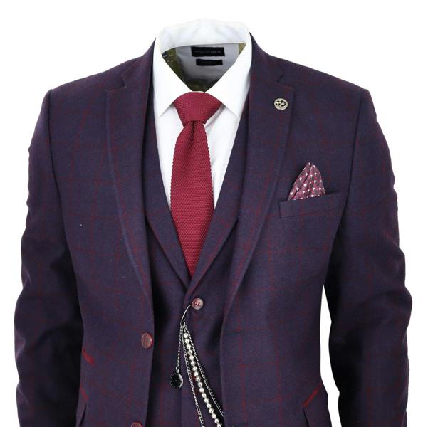 TruClothing Mens 3 Piece Tweed Suit Plum Purple Check Peaky Blinders Classic 1920 Gatsby