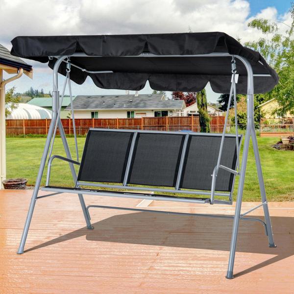 Outsunny Metal Swing Chair Garden Hammock 3 Seater Patio Bench w/ Canopy, Black - Black