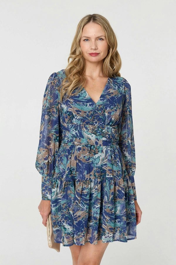 Blue | Printed Long Sleeve Pleated Short Dress
