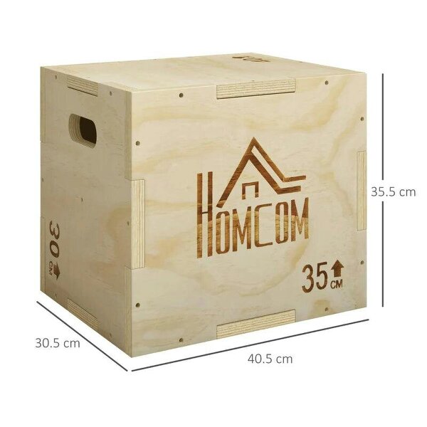 3-in-1 Wooden Plyo Box, Plyometric Jump Box with Handle Openings for Home Gym, 12" x 14" x 16", Natural