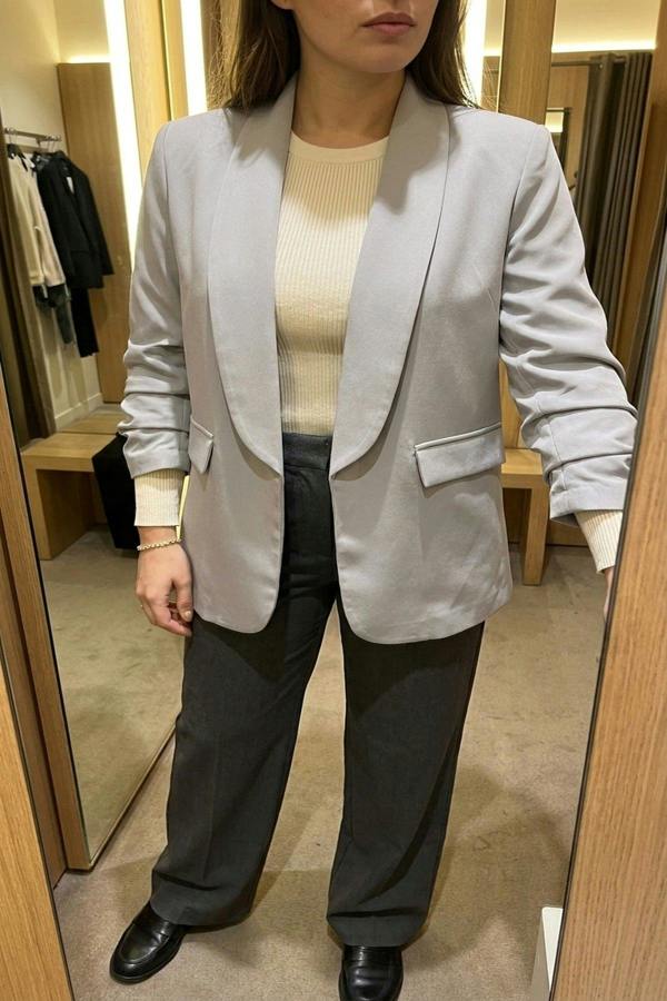 Valerie Ruched Sleeve Open Front Blazer Jacket With Front Pockets - Grey