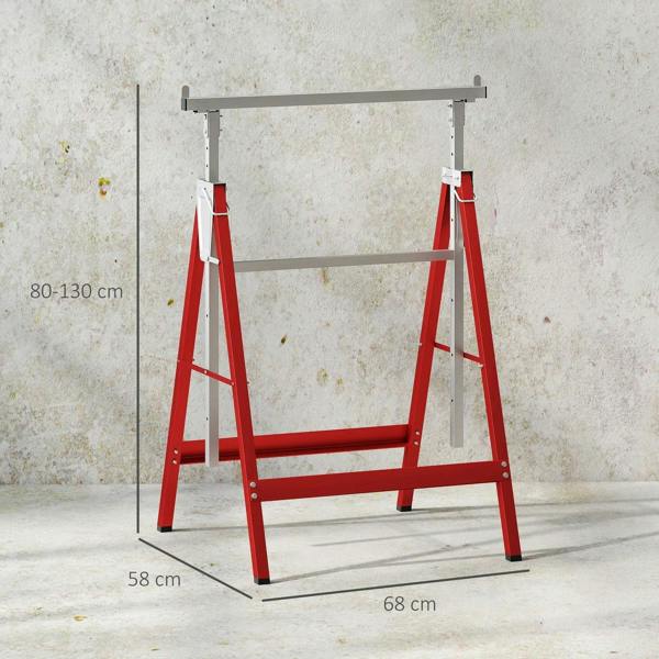Adjustable red steel sawhorses with gray legs and crossbars, shown with height and base dimensions