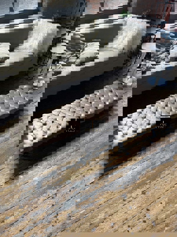 ISTOOLS Rectangular Sand Coloured Chesterfield Footstool – Luxury Velvet Ottoman UK