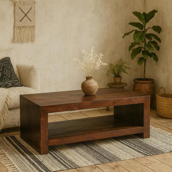 Wyld Haus Phuket Dark Mango Wood Large Coffee Table with Bottom Shelf