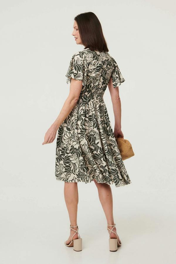Khaki | Leaf Print Shirred Knee Length Dress