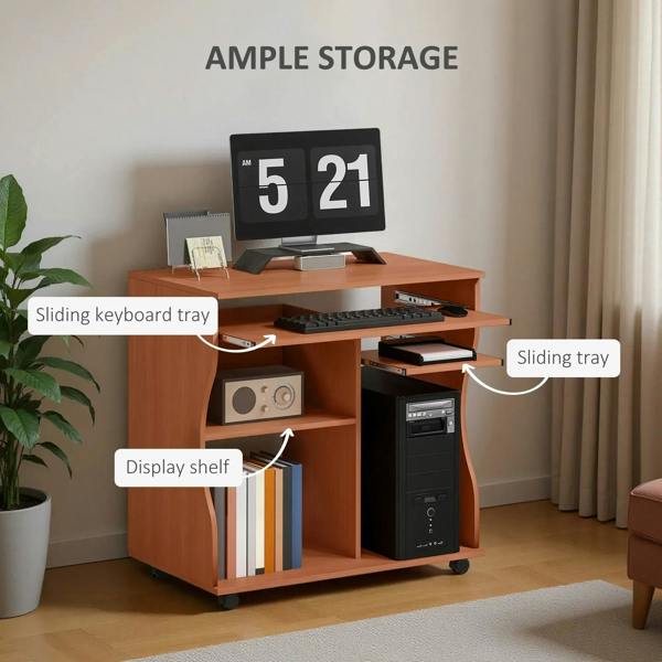 Cherry wood compact work desk with display shelf and sliding keyboard tray