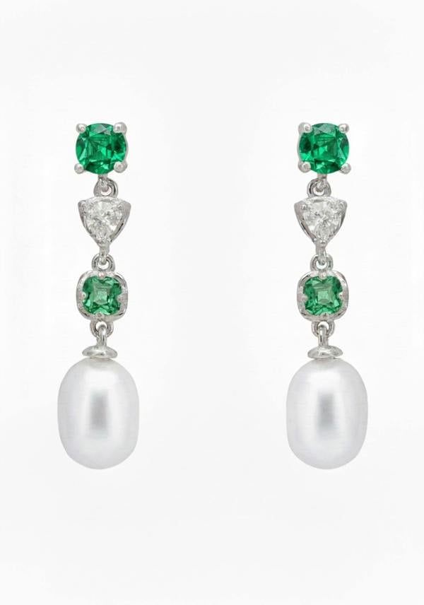 Latelita Pearl Whisper Drop Earrings Emerald Silver